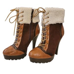 ANNE MICHELLE Revenge-33 Lace-Up Sherpa High Heel Boots Faux Leather Size 6